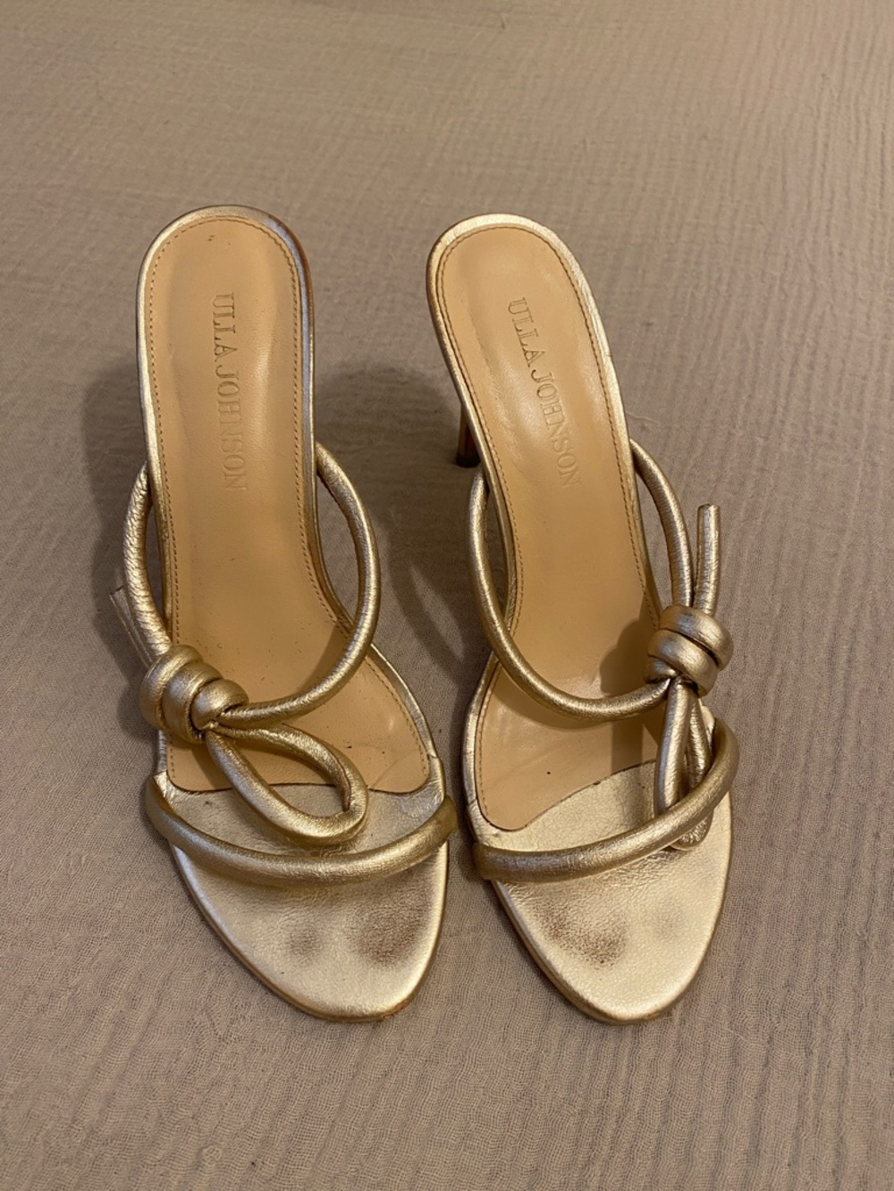 Ulla Johnson Metallic Gold Knotted Strap Heeled Sandals. Size 37